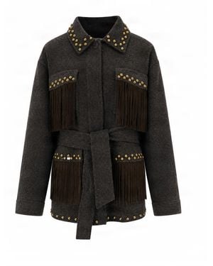 P.A.R.O.S.H. Fringe-Embellished Wool Jacket With Belted Waist And Studded Accents - Black