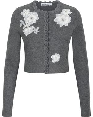 Self-Portrait Floral Appliqué Button-Front Cardigan - Gray