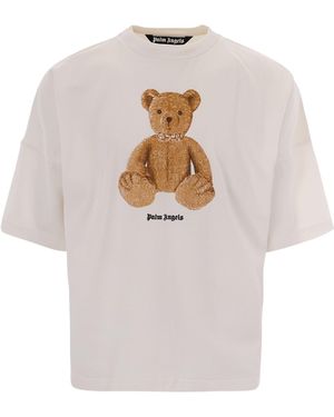 Palm Angels Oversized T-Shirt With Bear Graphic And Ribbed Neckline - White