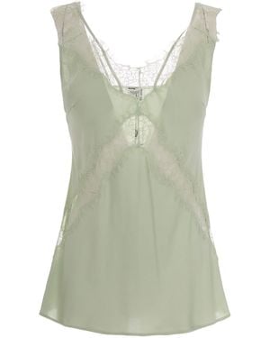Pinko Celadon Twill Viscose Top With Intricate Lace Inserts - Green