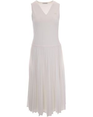 Lacoste Deep V-Neck Midi Dress With Pleated Skirt And Iconic Detailing - White