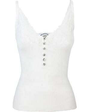 Self-Portrait Ribbed Top With Lace Trim - White