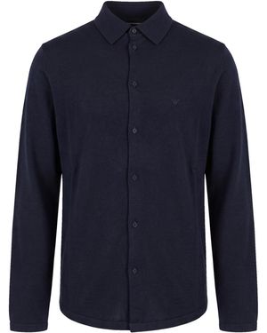 Emporio Armani Virgin Wool Button-Front Knit Shirt - Blue