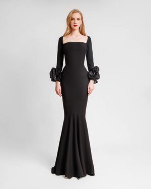 Gemy Maalouf Long Dress With Floral Cuffs - Black