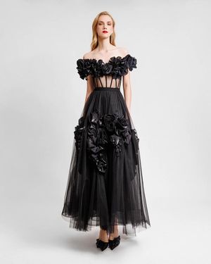 Gemy Maalouf Draped Floral Midi Dress - Black