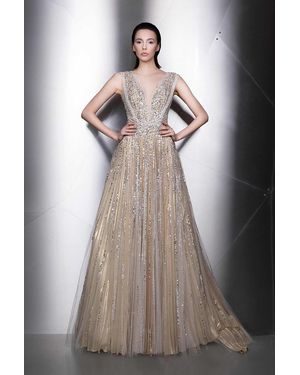 Ziad Nakad Plunging Neck Embellished Sleeveless Gown - Multicolor
