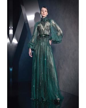Ziad Nakad Long Sleeved Semi-Sheer Gown - Blue