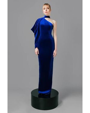 Jean Louis Sabaji Velvet Gown With Draped Sleeve - Blue