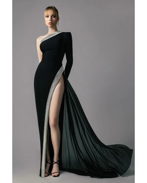 Jean Louis Sabaji Crepe Gown With Silver Chain Mail - Black