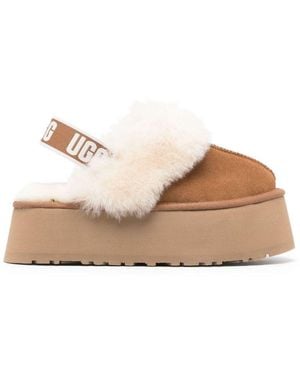 UGG Platform Mules Made Of Camel-Colored Leather With Faux Fur And Elastic Back - Natural