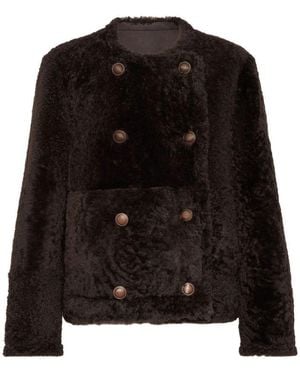 Brunello Cucinelli 'Fuzzy' Reversible Shearling Crop Pea Coat - Black