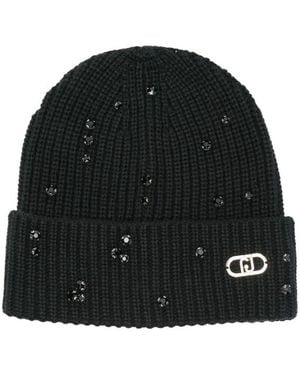 Liu Jo Crystal-Embellished Ribbed Beanie - Black