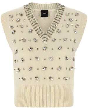 Pinko Sleeveless Knit Vest With Embellishments - Natural
