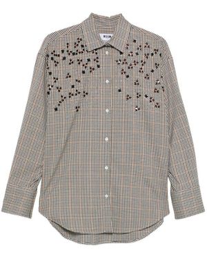 MSGM Camicia Ckeck Con Dettagli Floreali Ricamati - Grigio