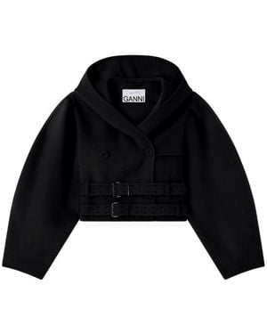 Ganni Cappotto Crop Con Cappuccio E Doppia Cintura - Nero
