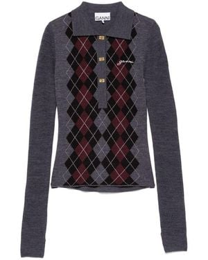 Ganni Anthracite Long-Sleeve Polo Shirt - Black