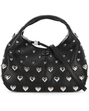 Ganni Borsa Mini Hobo Nera Con Borchie A Cuore - Nero