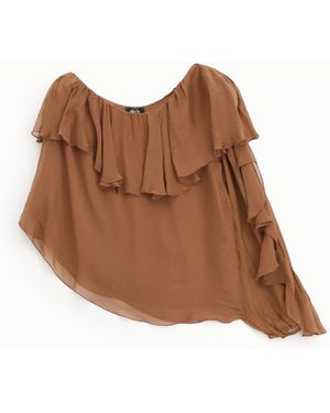 Dixie Blouse Une Épaule Volants À Manche Longue Fluide - Marron