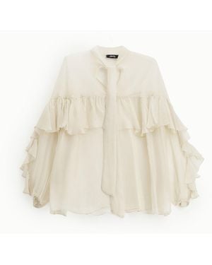 Dixie Chemise Col Rond Volants Manches Longues Sans Boutons - Blanc