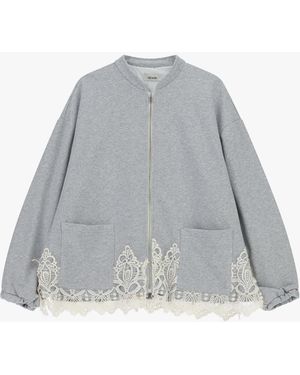 Dixie Sweat-Shirt Zippé Dentelle Et Poches Devant - Gris