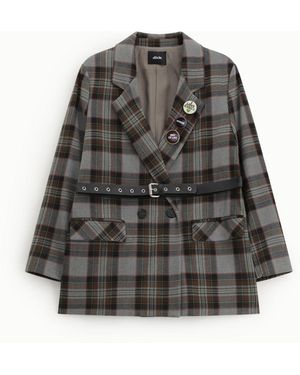 Dixie Blazer Doppiopetto A Quadri Con Cintura E Spille - Grigio