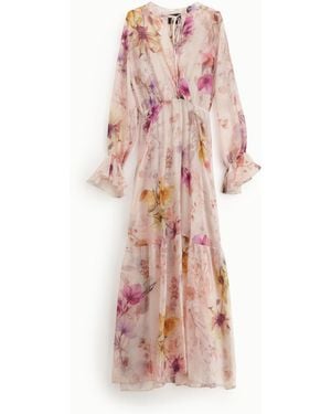 Dixie Abito Lungo Floreale Con Maniche A Balza - Rosa