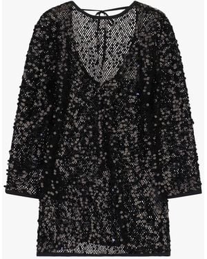 Dixie Robe Courte Ajourée À Sequins Manches Longues - Noir