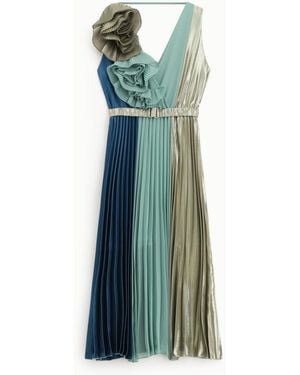 Dixie Abito Midi Plissé Senza Maniche Con Applicazione - Blu