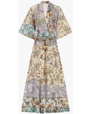 Dixie Robe Mi-Longue Imprimée Ceinture Manches Amples - Blanc