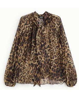 Dixie Camicia Stampa Animalier Con Fiocco E Maniche Lunghe - Marrone