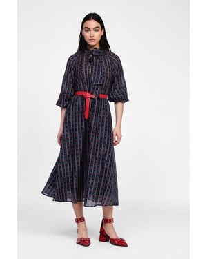 Dixie Abito Midi A Fantasia Ciliegie Con Cintura E Tie-Neck - Blu