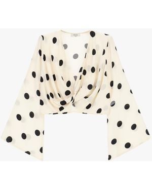 Dixie Top Incrociato A Pois Maniche Lunghe Svasate - Bianco