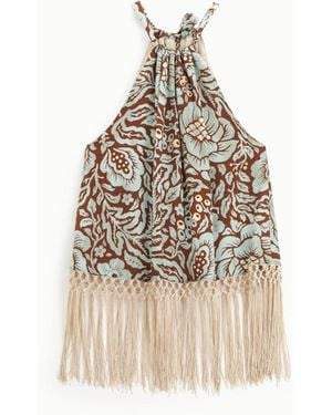 Dixie Top Con Scollo All'Americana Stampa Floreale E Frange Lunghe - Bianco
