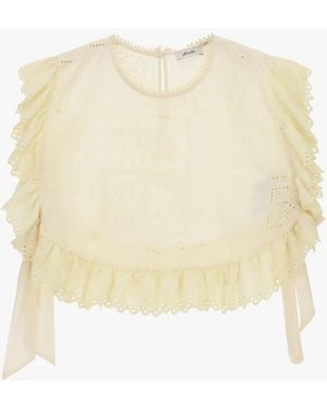 Dixie Top Ricamo Traforato Volant Girocollo Crop - Bianco