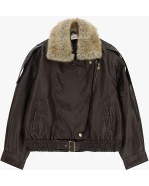 Dixie Blouson En Cuir Avec Col En Fausse Fourrure Et Fermeture Zippée - Noir
