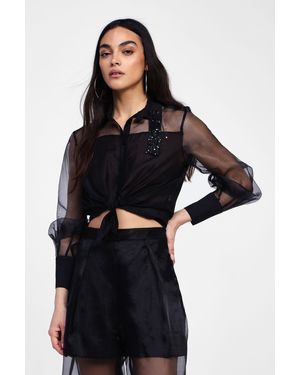 Dixie Camicia Trasparente Con Nodo E Frange - Nero