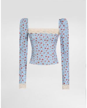 Dolce & Gabbana Small Rose-Print Charmeuse Top - Blau