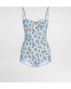 Dolce & Gabbana Small Floral-Print Balconette One-Piece Swimsuit - Blau