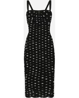 Dolce & Gabbana Tüll-Etui-Midikleid Mit Drapierung Und Polka-Dot-Print - Schwarz
