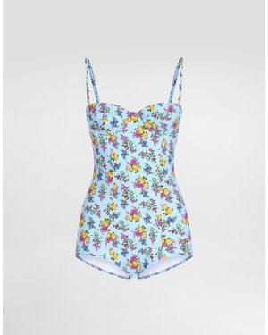 Dolce & Gabbana Small Floral-Print Balconette One-Piece Swimsuit - Blau