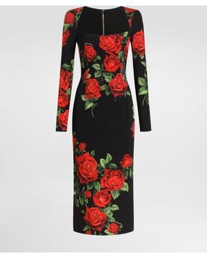 Dolce & Gabbana Midikleid Aus Charmeuse Mit Rosenprint - Rot