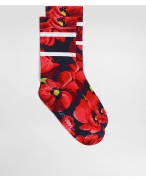 Dolce & Gabbana Socken Aus Baumwolle Mit Mohnblumen-Print - Rot
