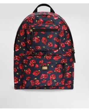 Dolce & Gabbana Rucksack Aus Nylon Mit Mohnblumen-Print - Rot