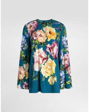 Dolce & Gabbana Peony-Print Charmeuse Top - Blau