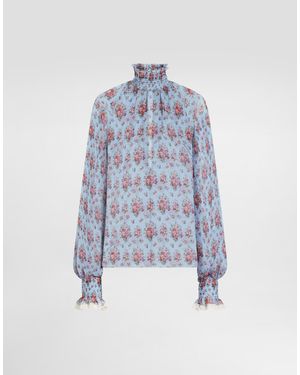 Dolce & Gabbana Small Flower Bouquets-Print Chiffon Top - Blau