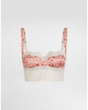 Dolce & Gabbana Small Rose-Print Satin And Lace Balconette - Pink
