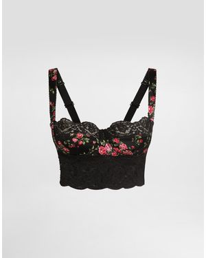 Dolce & Gabbana Balconette-Bh Aus Elastischem Satin Und Spitze Mit Einem Print Mit Kleinen Rosensträußen - Schwarz