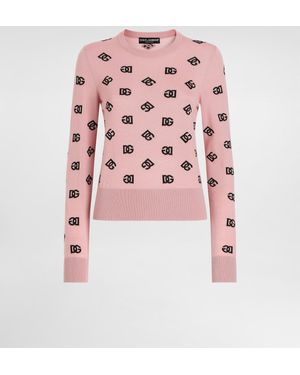 Dolce & Gabbana Wool And Silk Jacquard Sweater With Contrasting Dg Logo - Pink