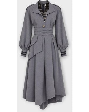 Julia Allert Double-Collar Belted A-Line Midi Dress - Gray