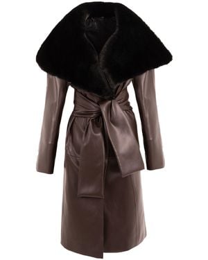 KRIS MARAN Leather Trench Coat With Fur Collar - Black